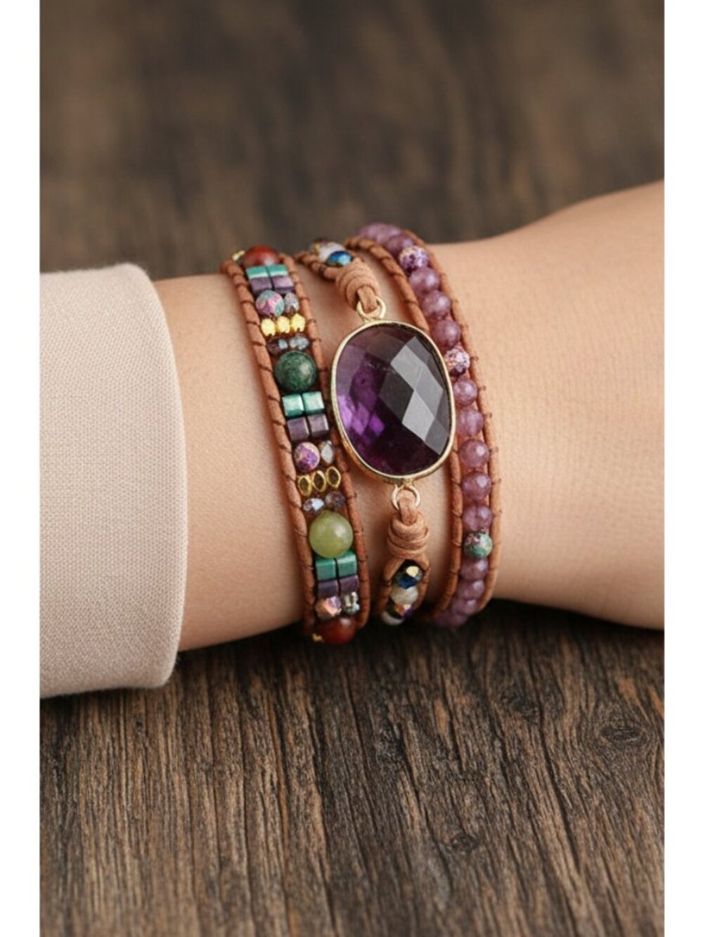 Natural Stone Amethyst Imperial Jasper Agate Multi-Strand Gemstone Wrap Bracelet